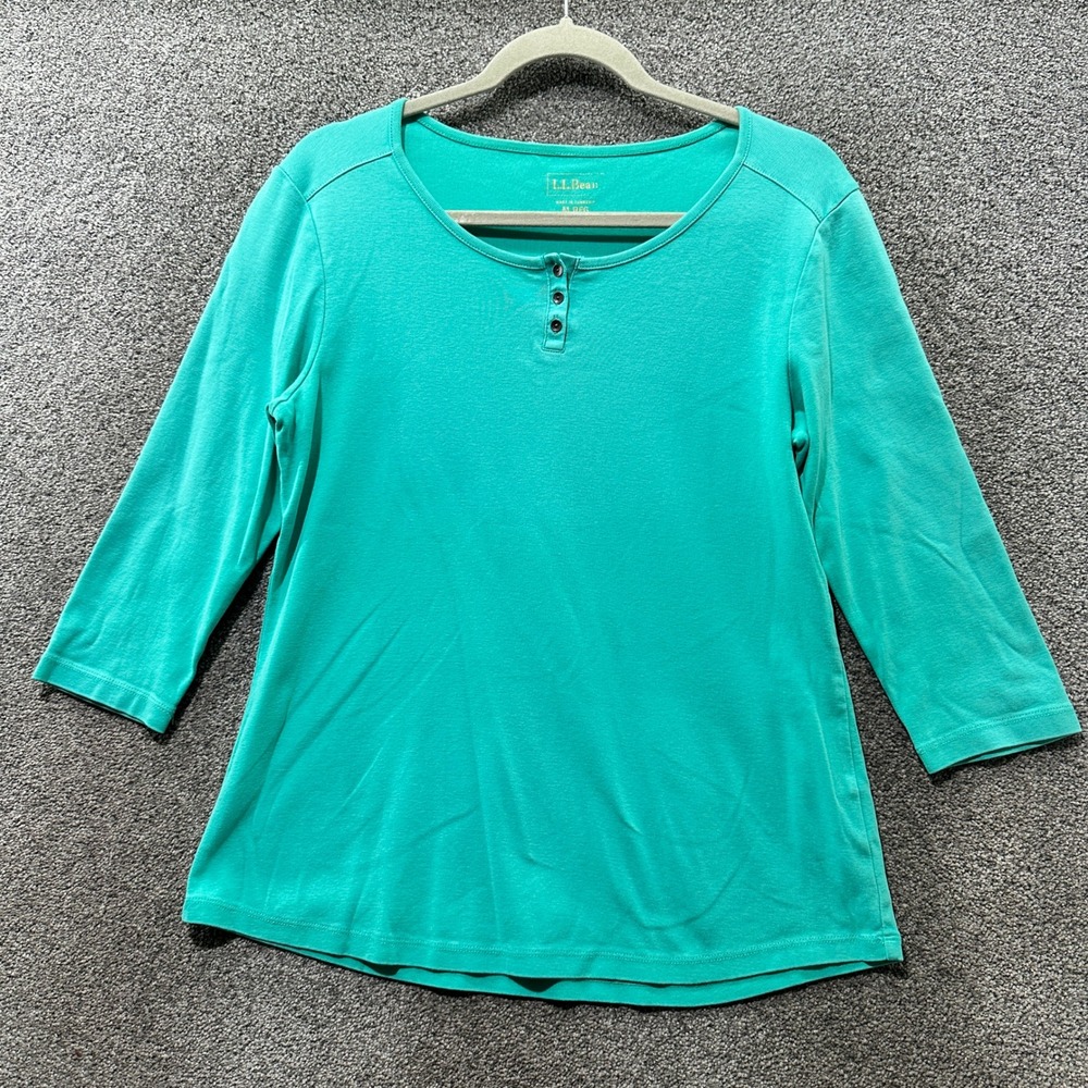 LL Bean Henley Top Women Medium Teal Green‎ 3/4 Sleeve Cotton Casual Everyday